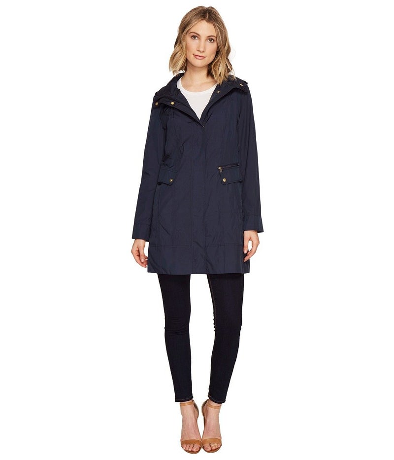 Cole Haan womens Packable Hooded Jacket With Bow Raincoat, Indigo, Medium US - Image 1